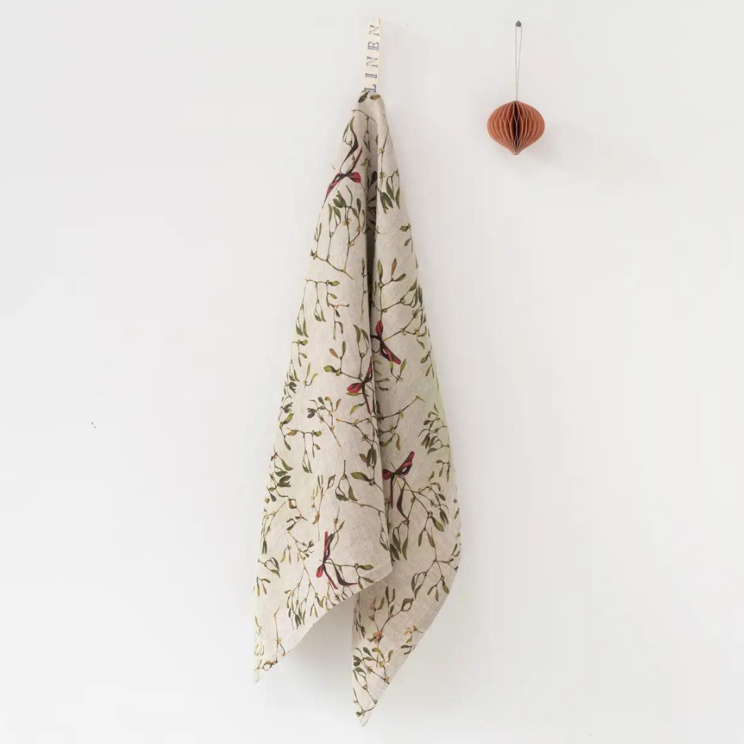 Mistletoe On Natural Linen Kitchen Towel