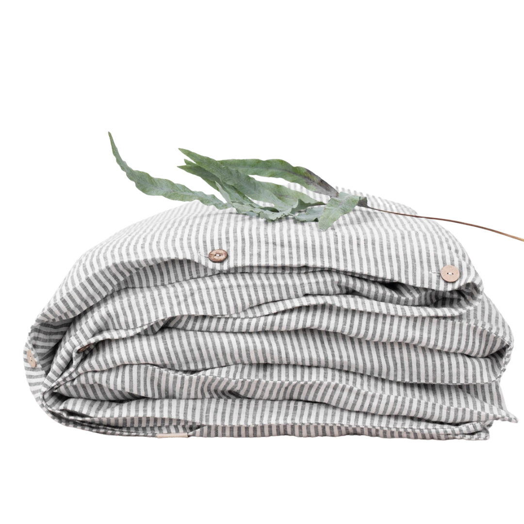 Striped Black Linen Duvet Cover - Queen