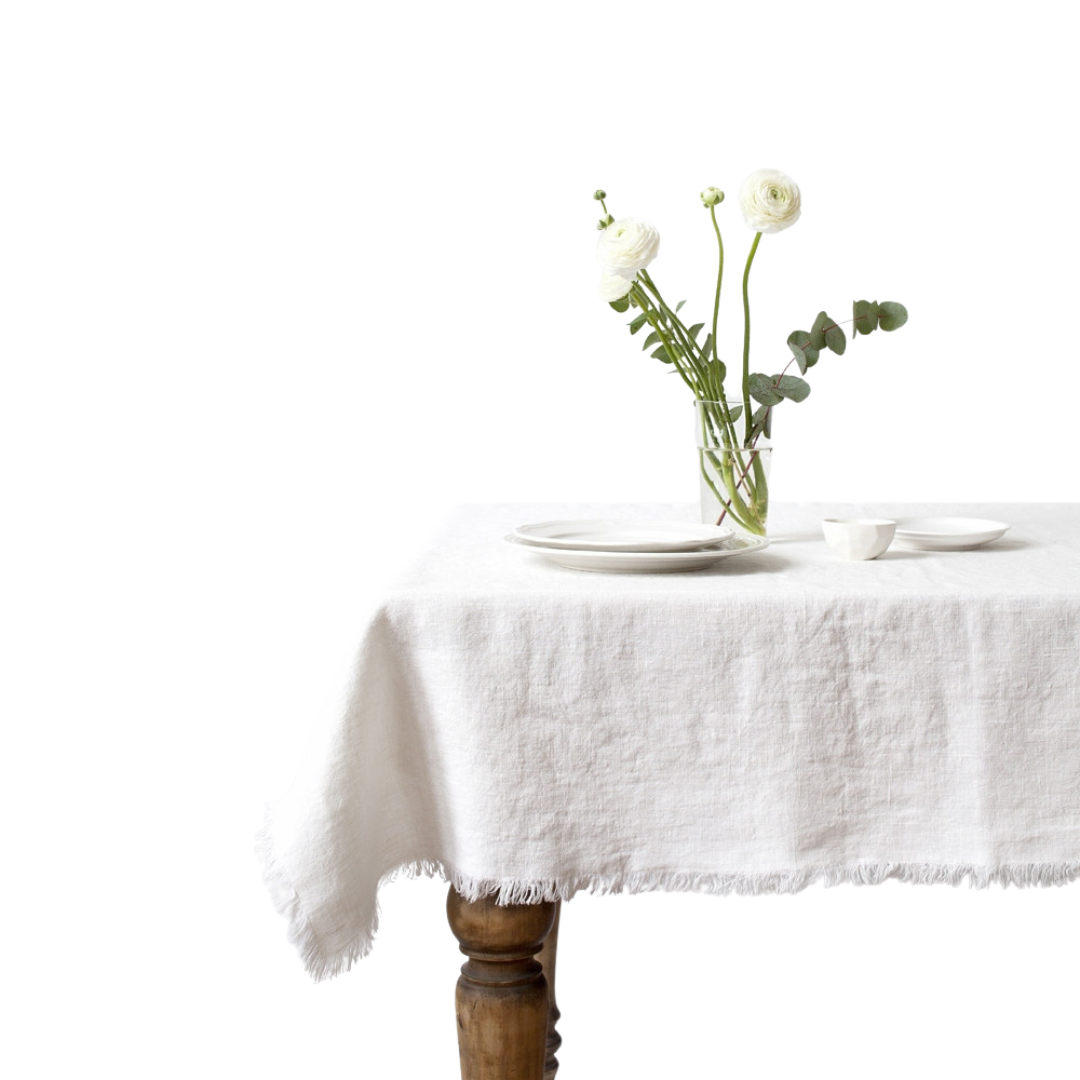 White Linen Tablecloth with Fringes