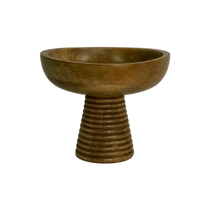 Hand Carved Mango Wood Centerpiece Bowl on Short Pedestal